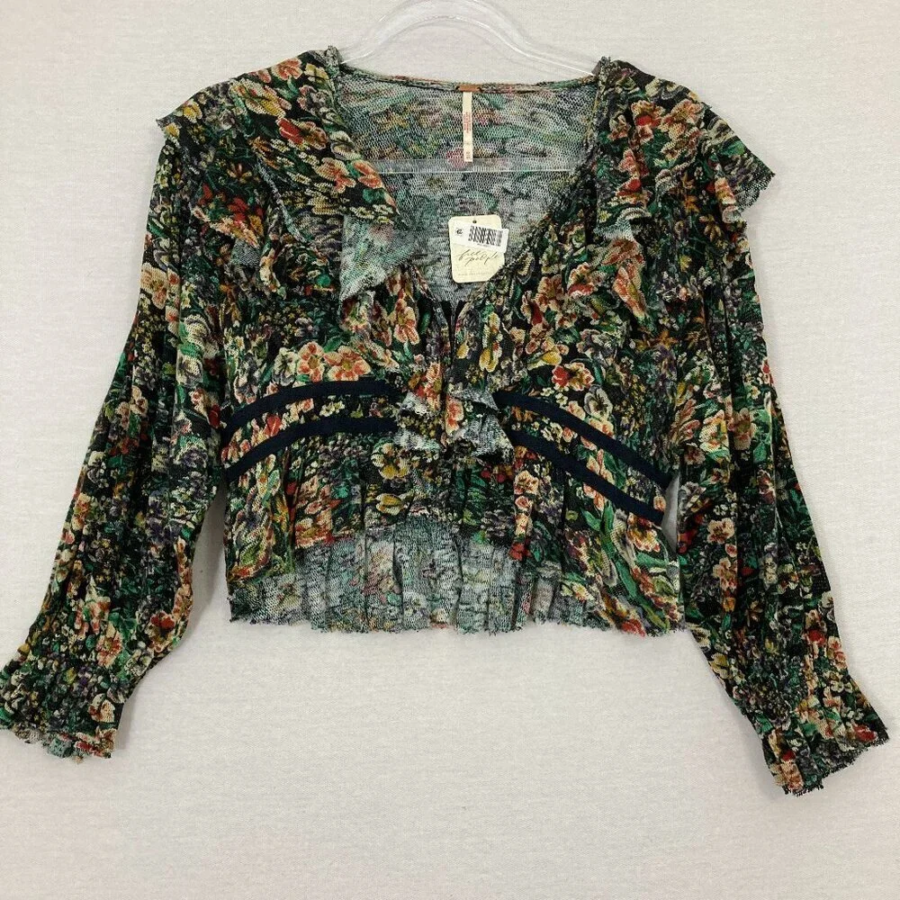 New Free People Green Multi Floral‎ Boho Rudi Ruffle Top XS Festival Whimsical